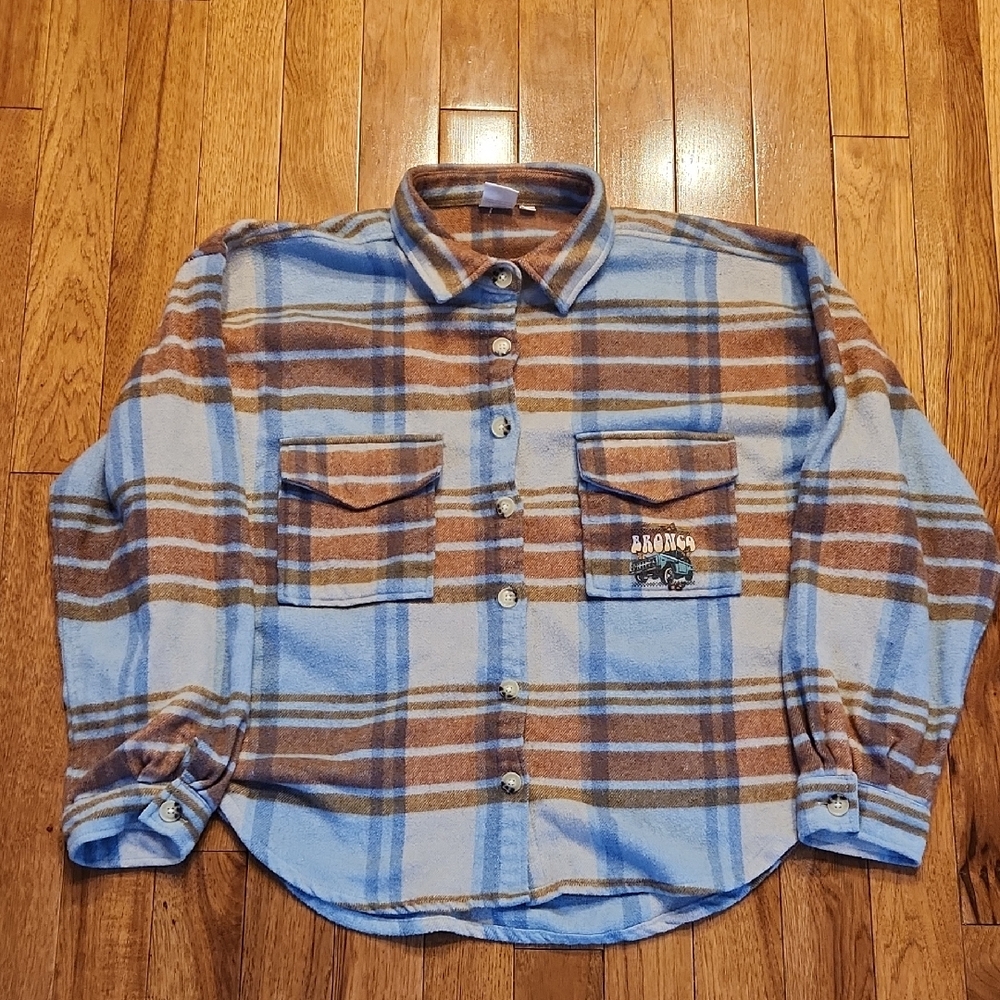Ford Bronco Oversized Graphic Flannel Cropped Shacket Size XL
